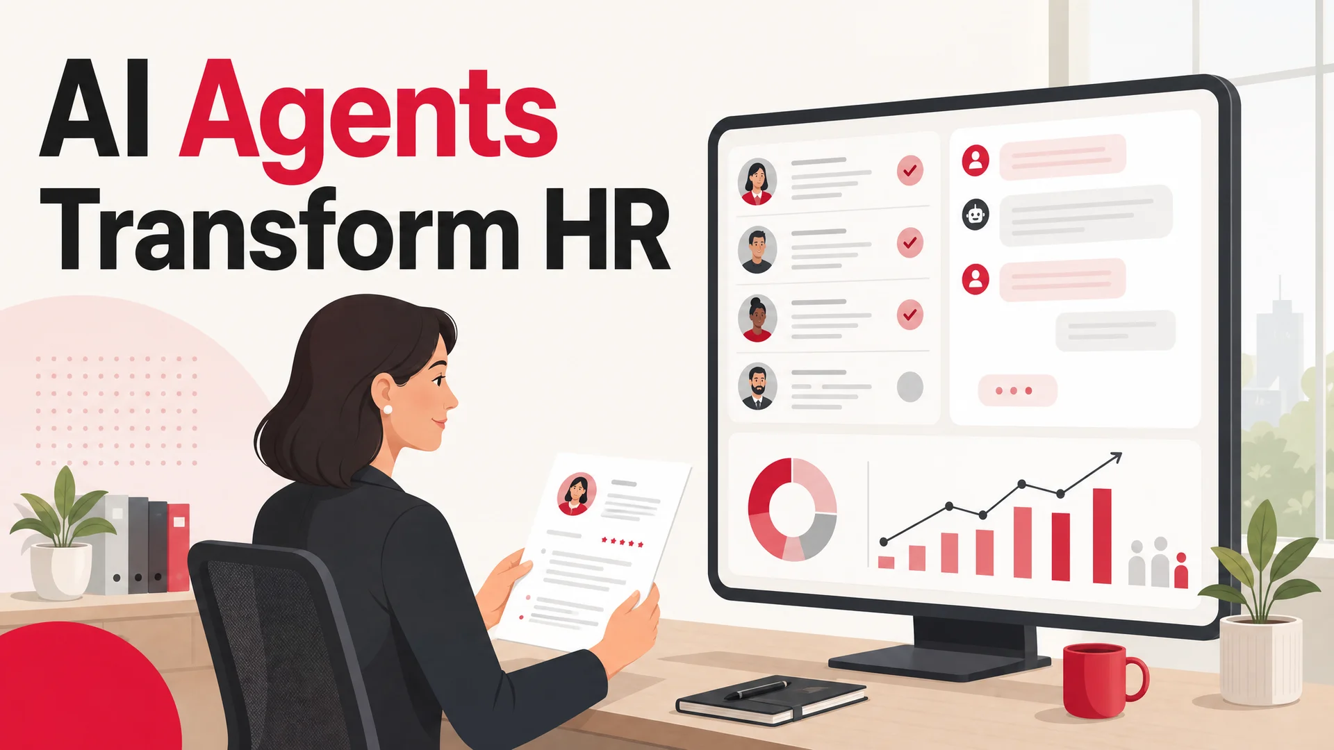 An HR manager at a clean desk with a laptop showing an AI assistant handling employee questions, resumes, and analytics dashboards in parallel