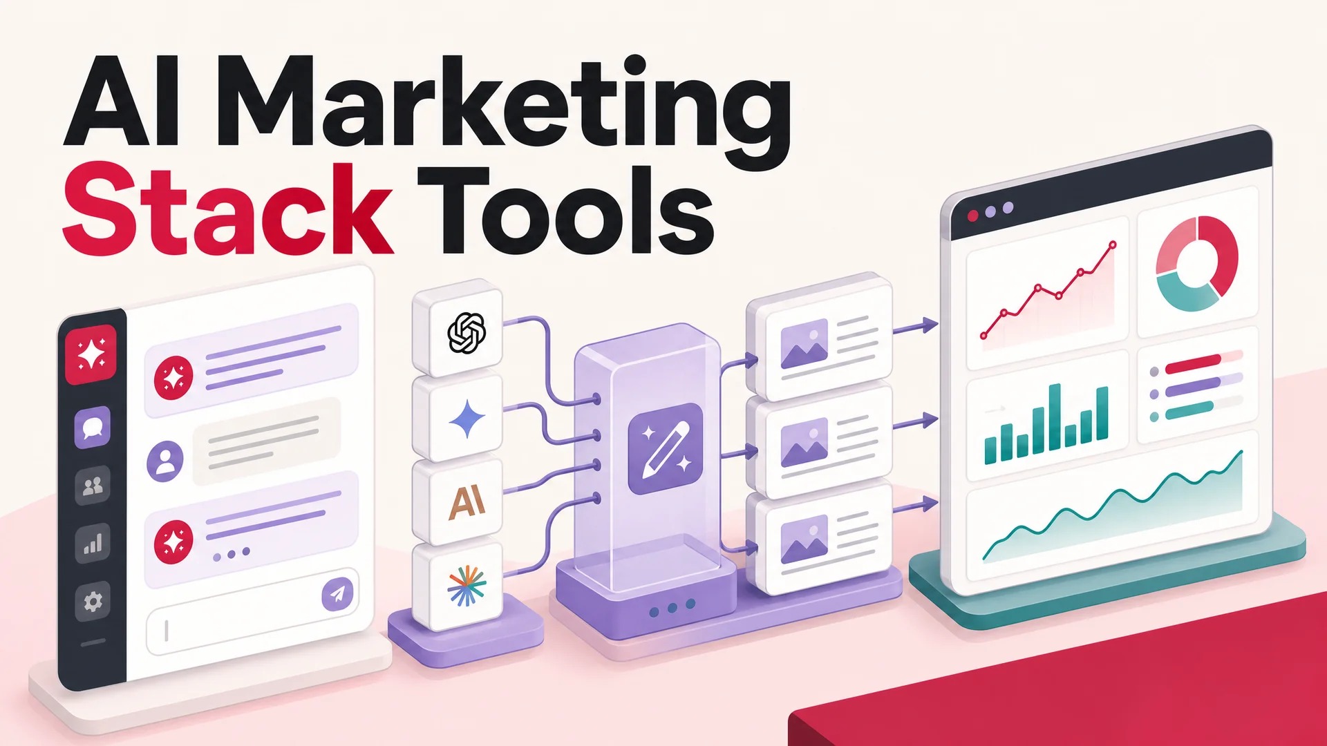 A modern marketing operations dashboard with AI agents, content pipelines, and campaign analytics flowing together