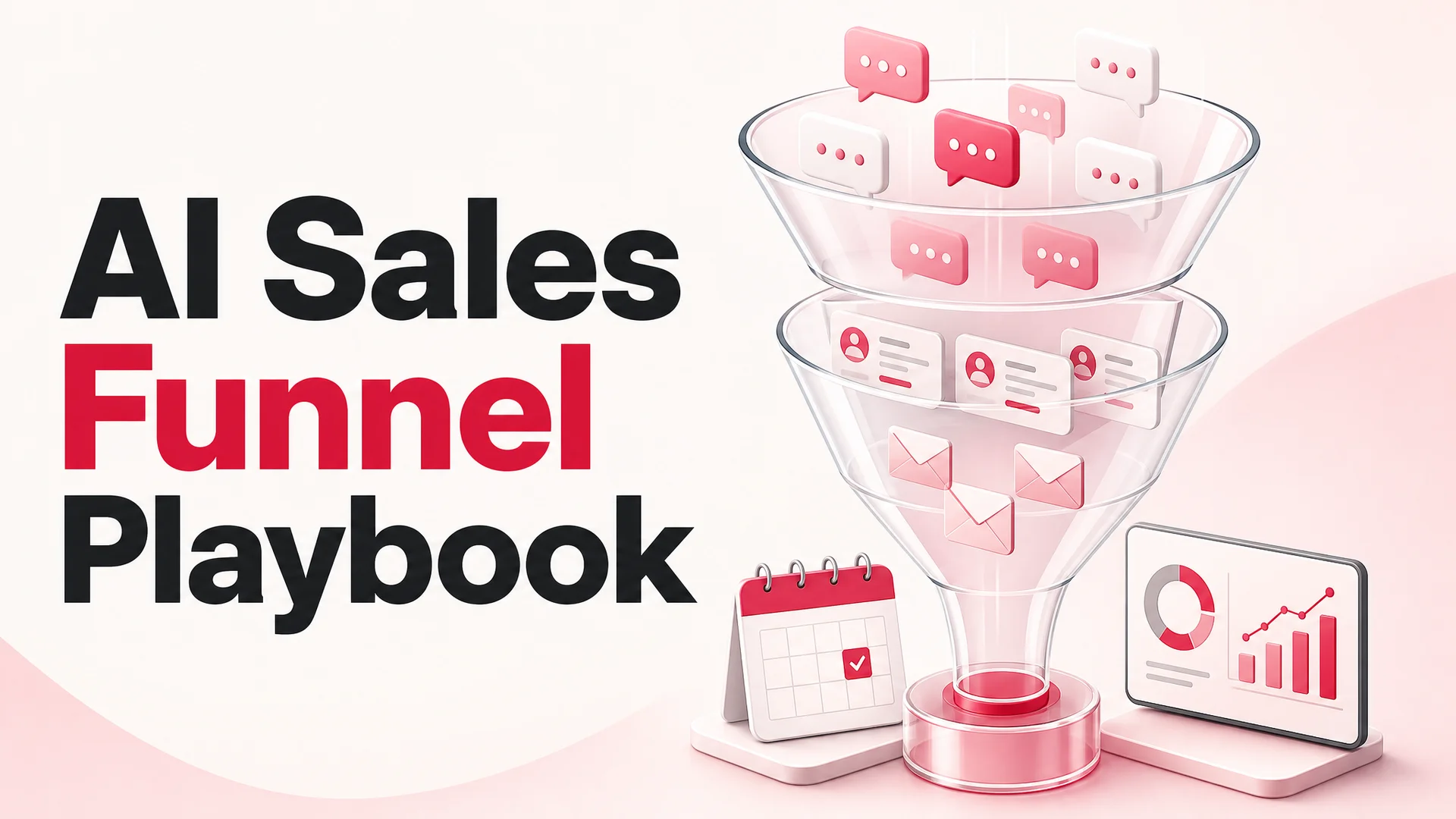 Stylized funnel diagram with chat bubbles, CRM cards, and analytics charts flowing through it