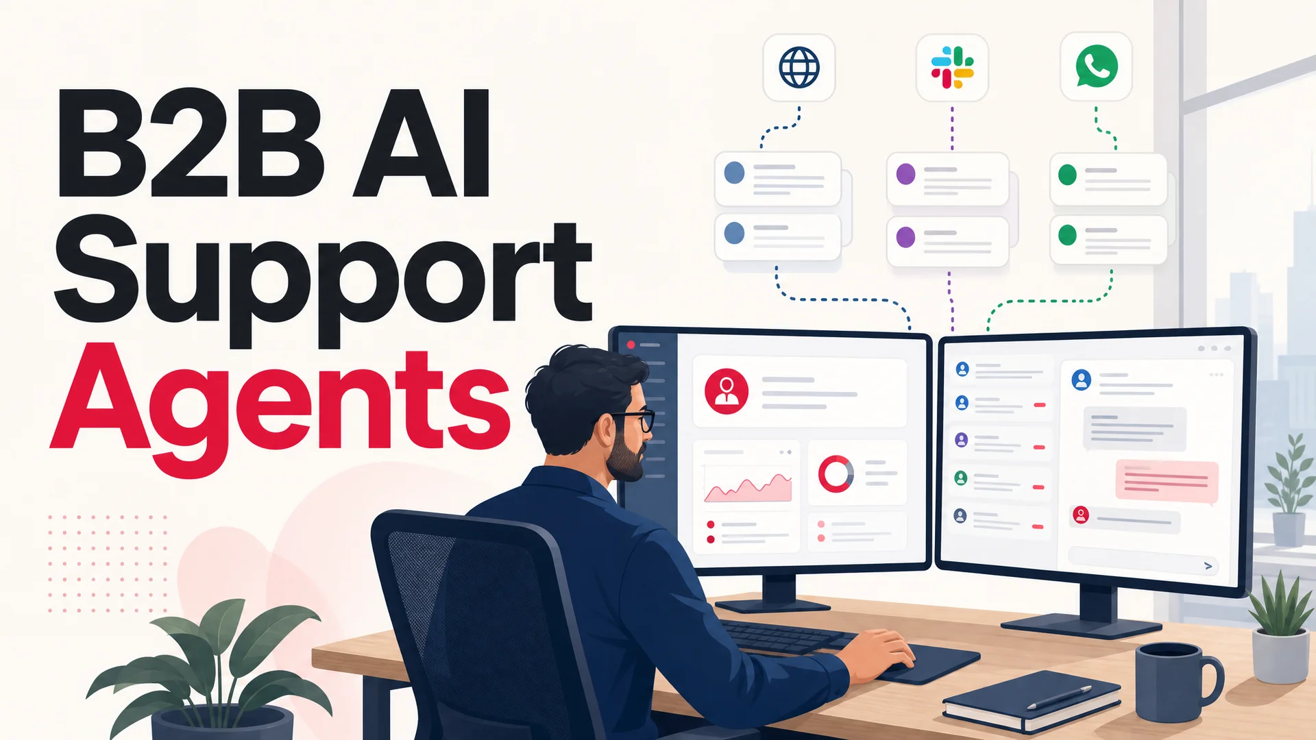 A B2B account manager reviewing an AI agent dashboard handling partner and supplier conversations across web, Slack, and WhatsApp