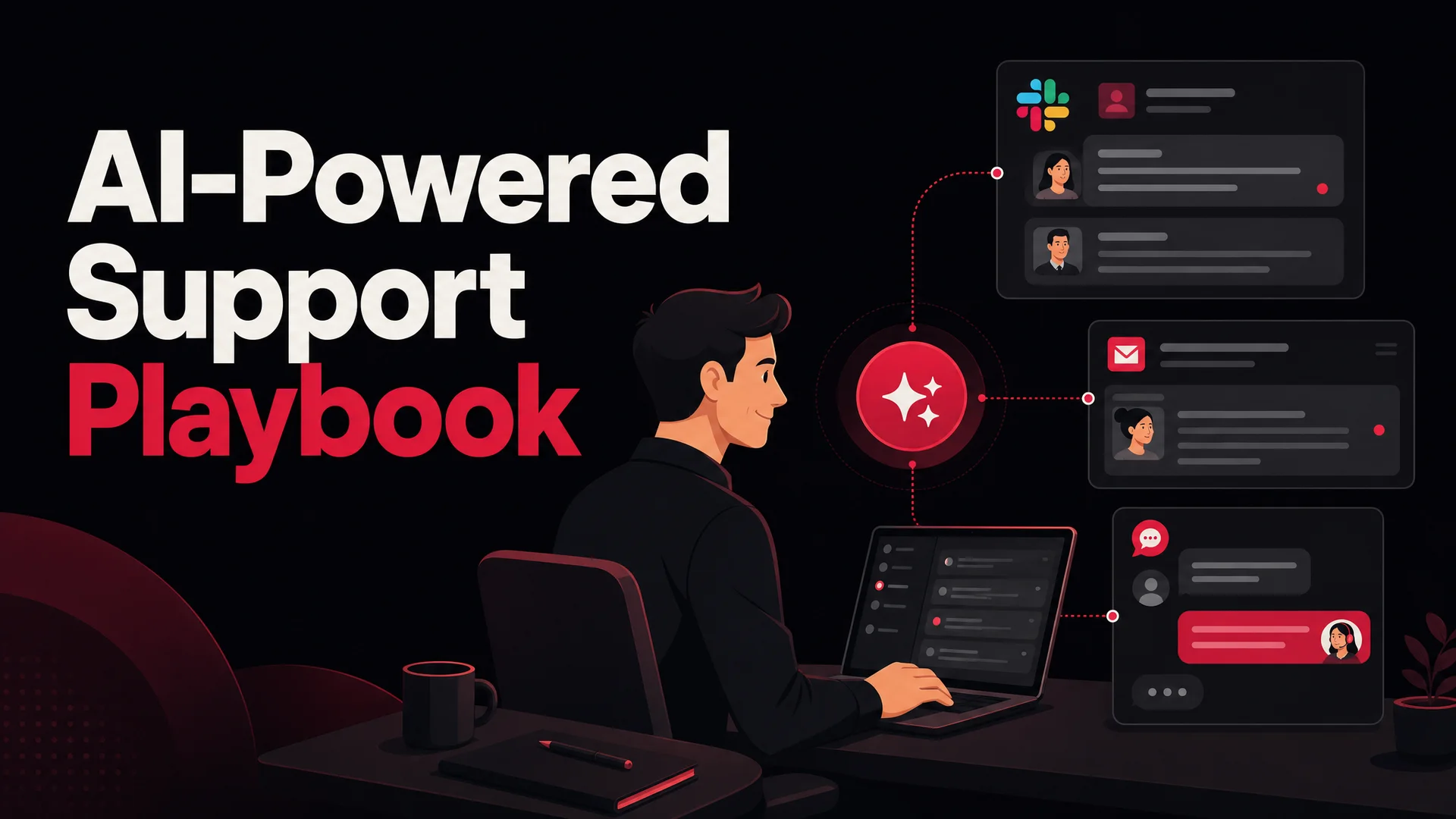A B2B account manager and an AI support agent working side by side across Slack, email, and an in-app chat widget