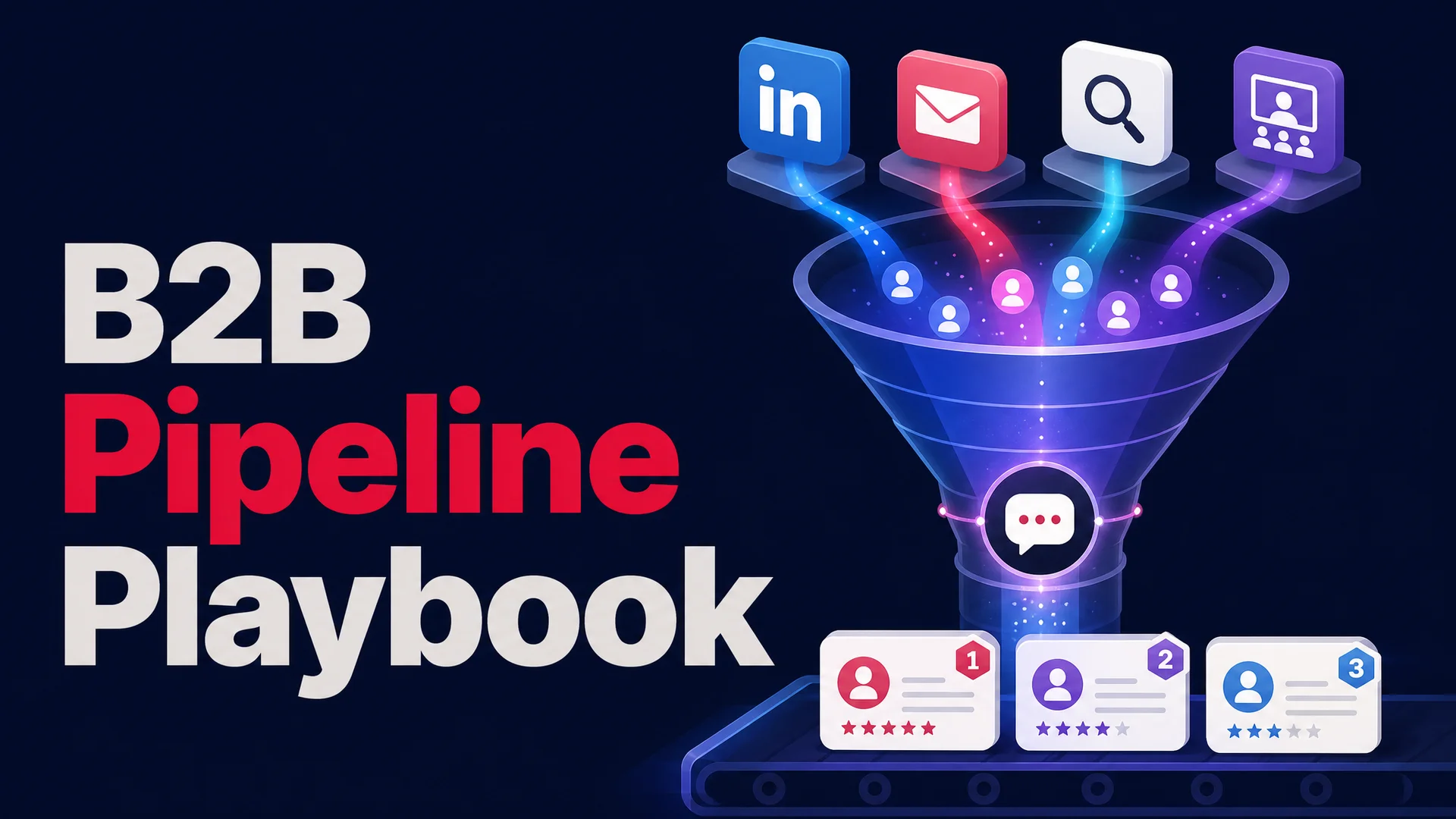 A B2B revenue funnel where website visitors flow through an AI conversation widget into a CRM, with channels like LinkedIn, email, webinars, and SEO feeding the top