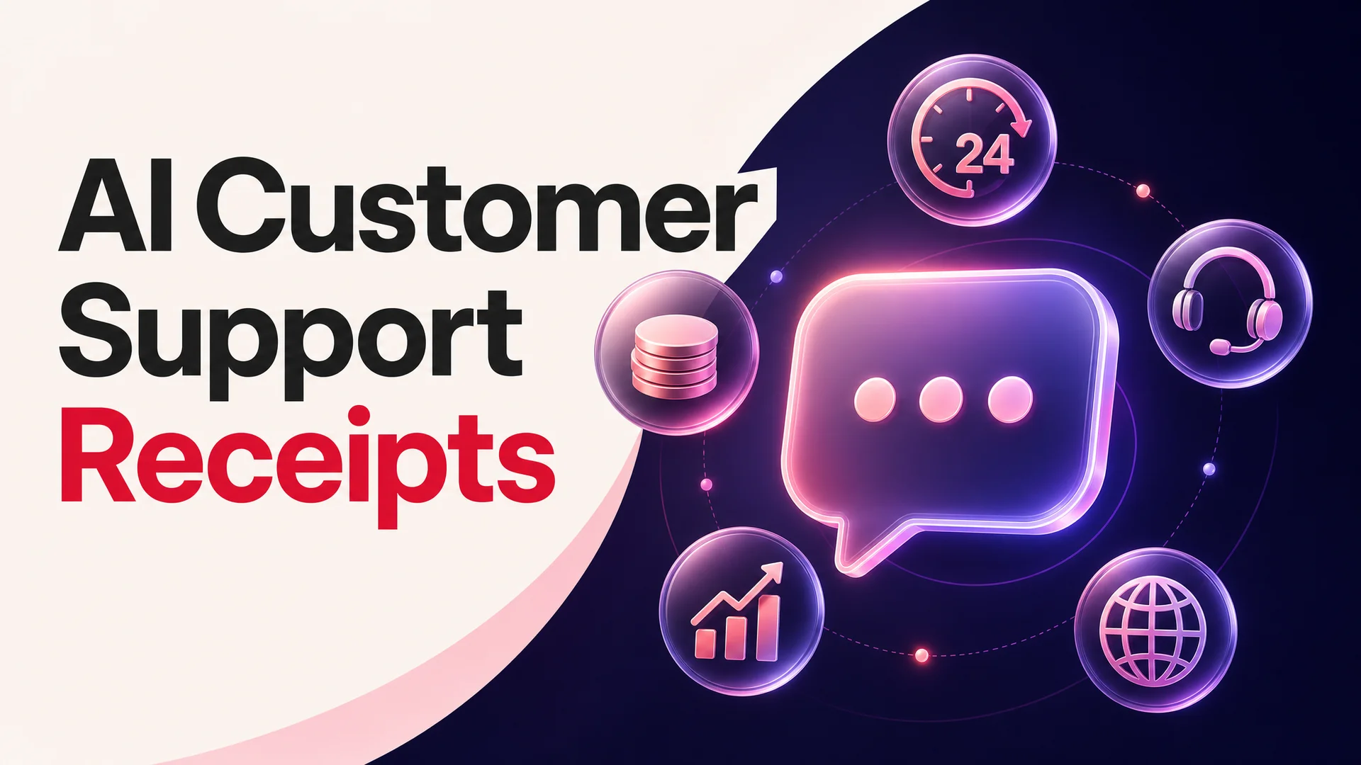 A glowing chat widget surrounded by orbiting customer support icons - clock, dollar sign, headset, chart - over a dark gradient background