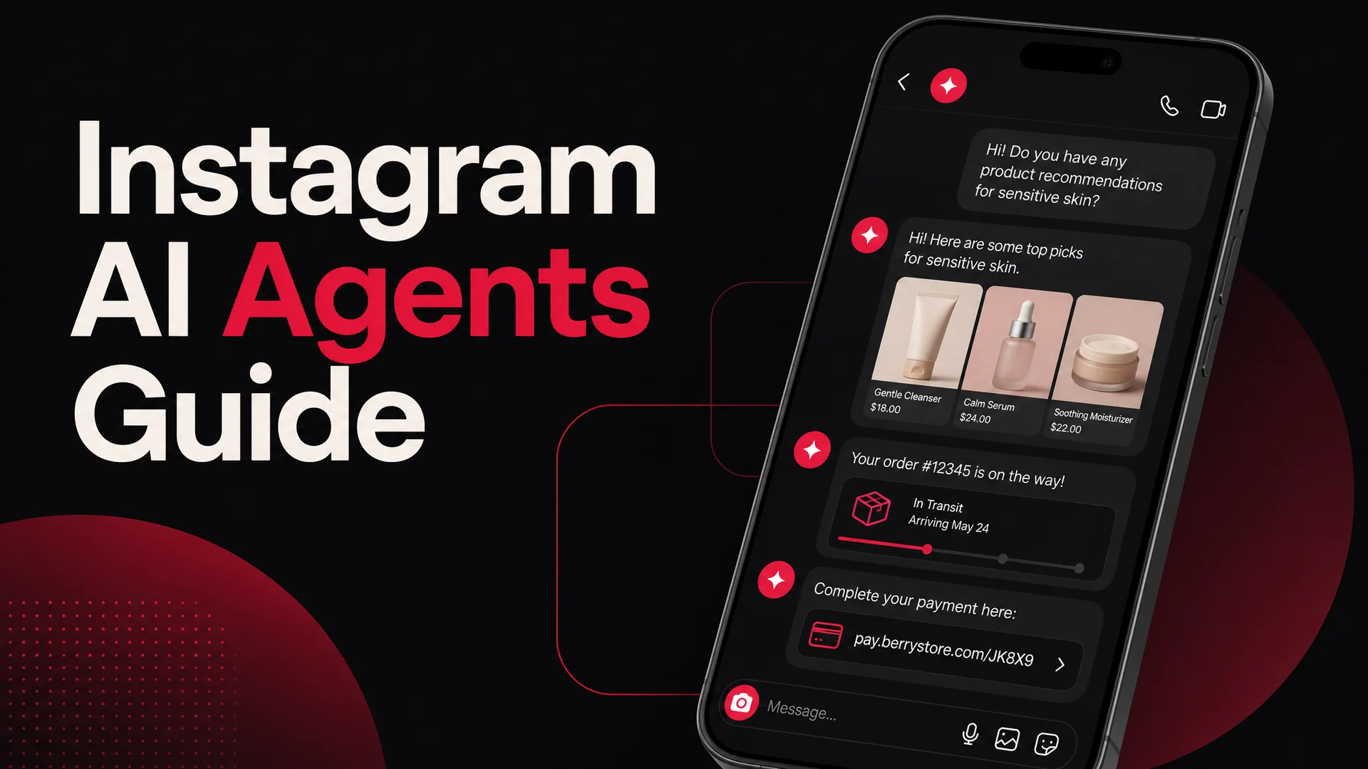 An illustrated phone screen showing an Instagram DM thread being handled by an AI agent, with product cards and a checkout flow appearing inline