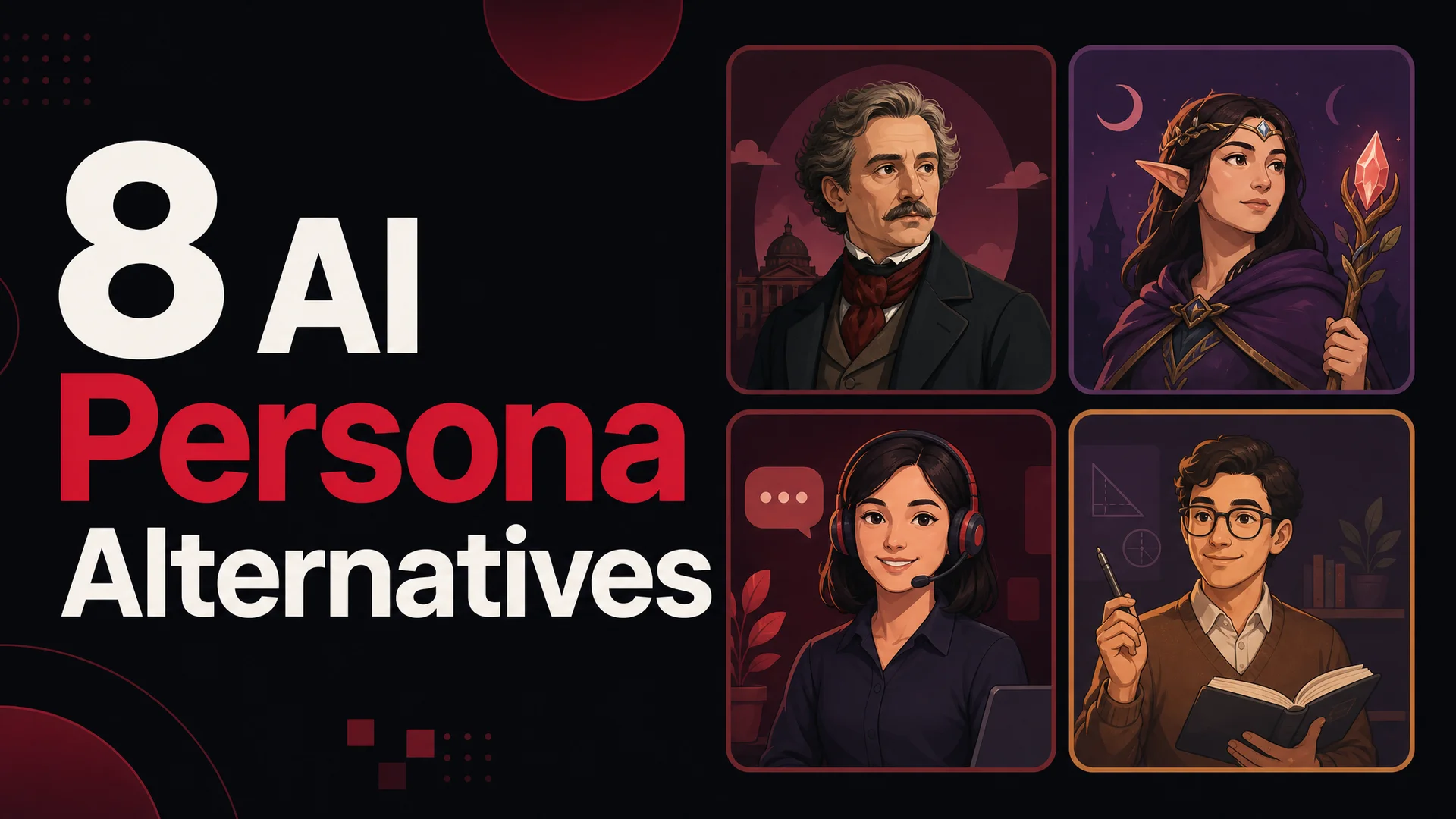 A grid of distinct AI persona avatars, each with its own visual style, suggesting a marketplace of conversational agents