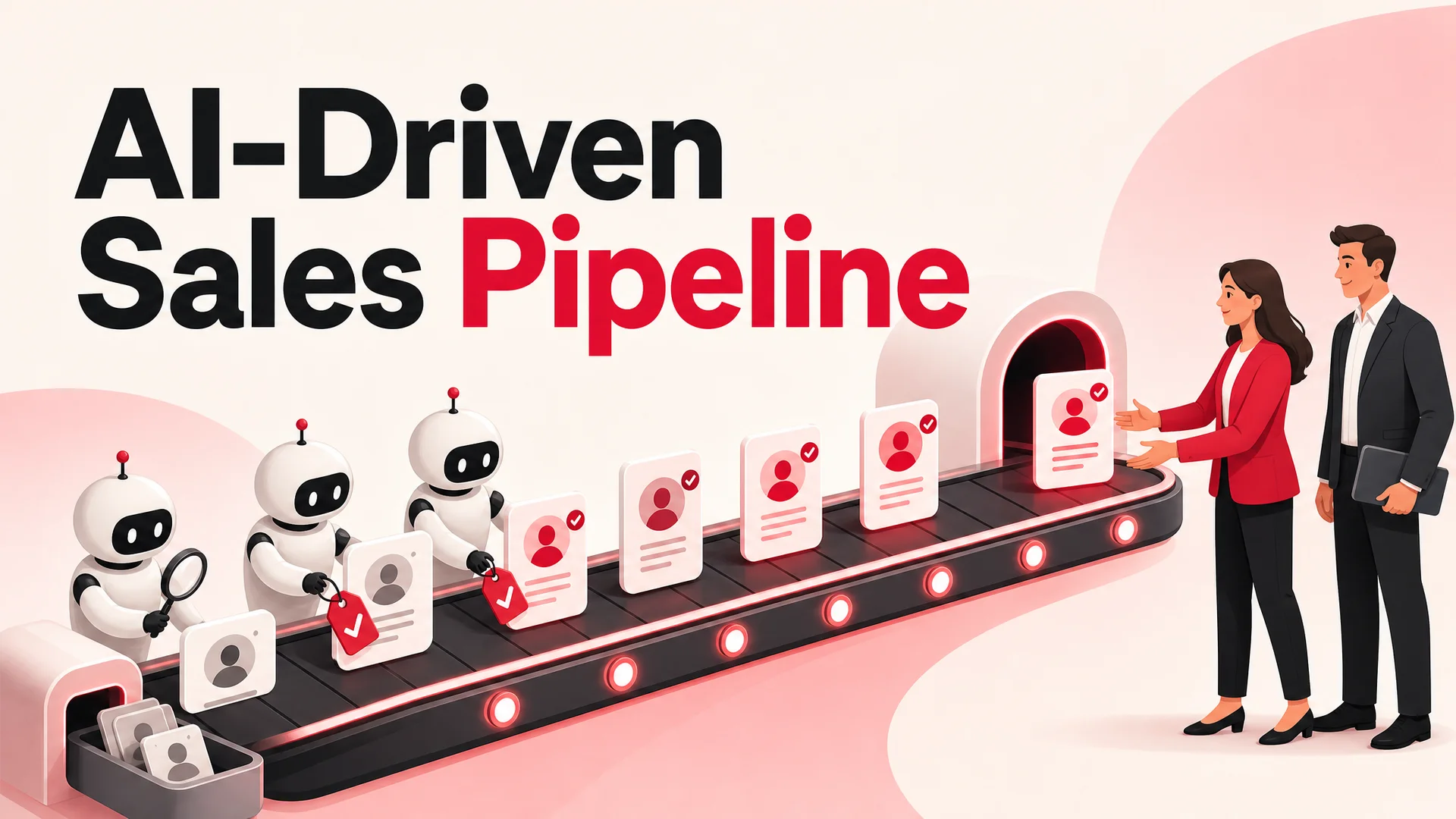 An illustrated sales pipeline rendered as a glowing conveyor belt, with AI agents handing off qualified leads to human reps under a soft gradient sky
