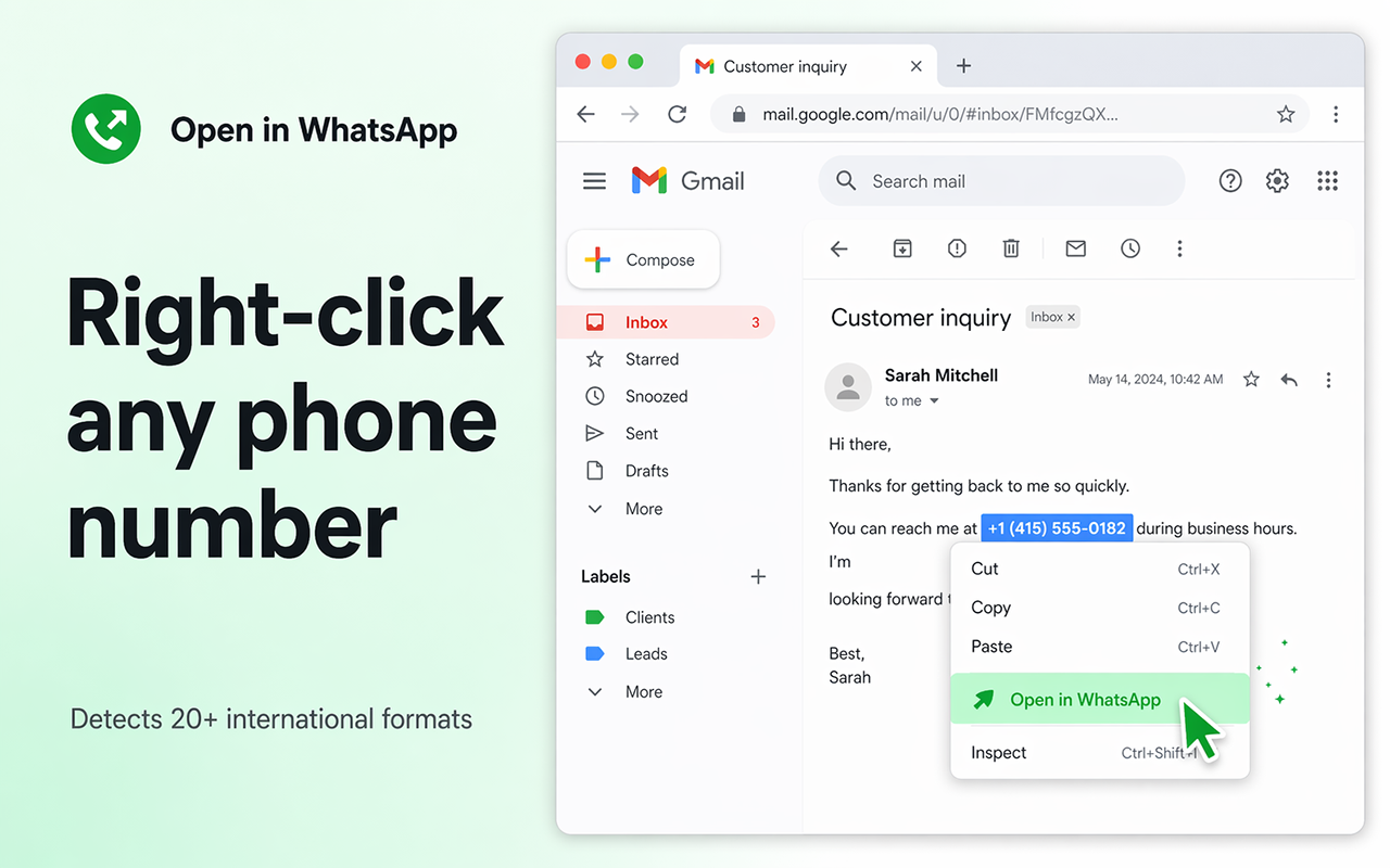 Gmail with a right-click menu showing the Open in WhatsApp option