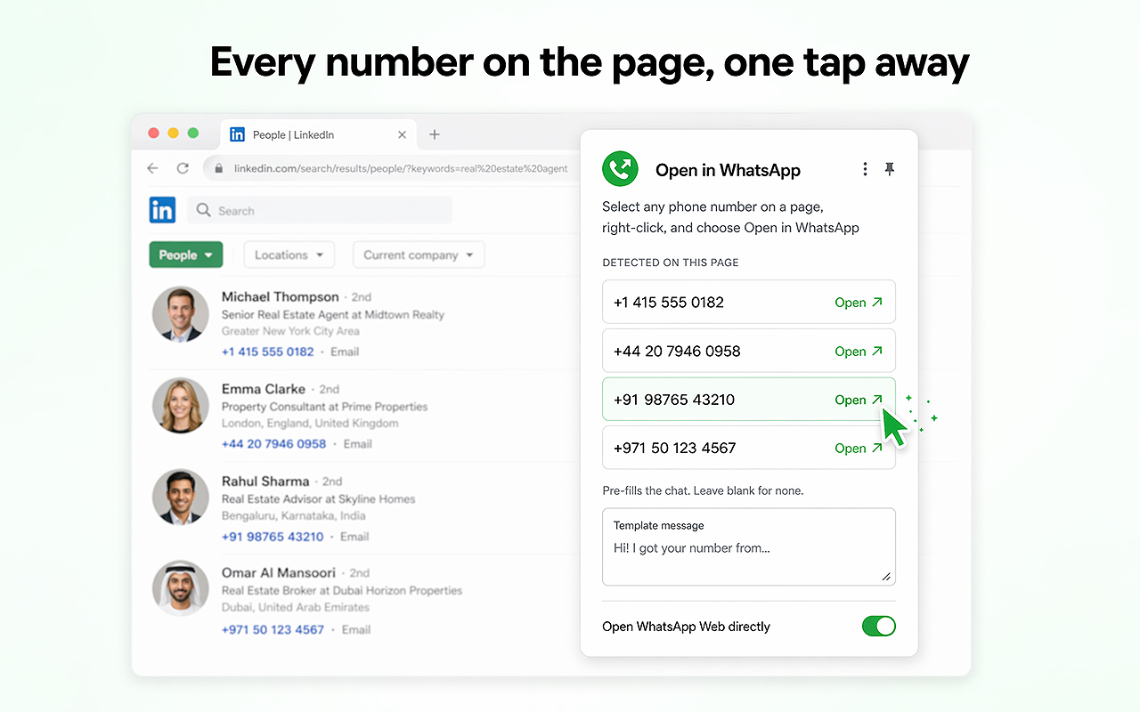 LinkedIn page with the Open in WhatsApp popup listing detected phone numbers